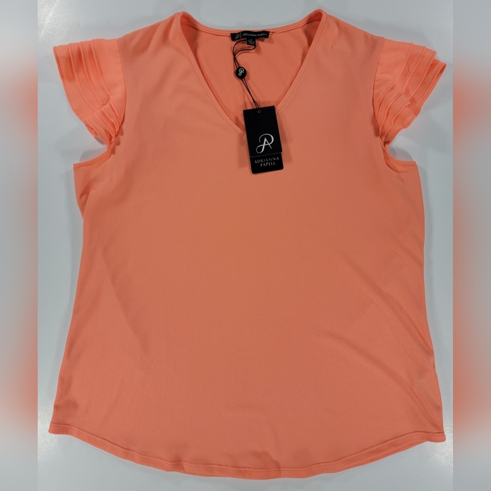 NWT Adrianna Papell Women's Medium Orange Four Layer Ruffle Sleeve Top Blouse